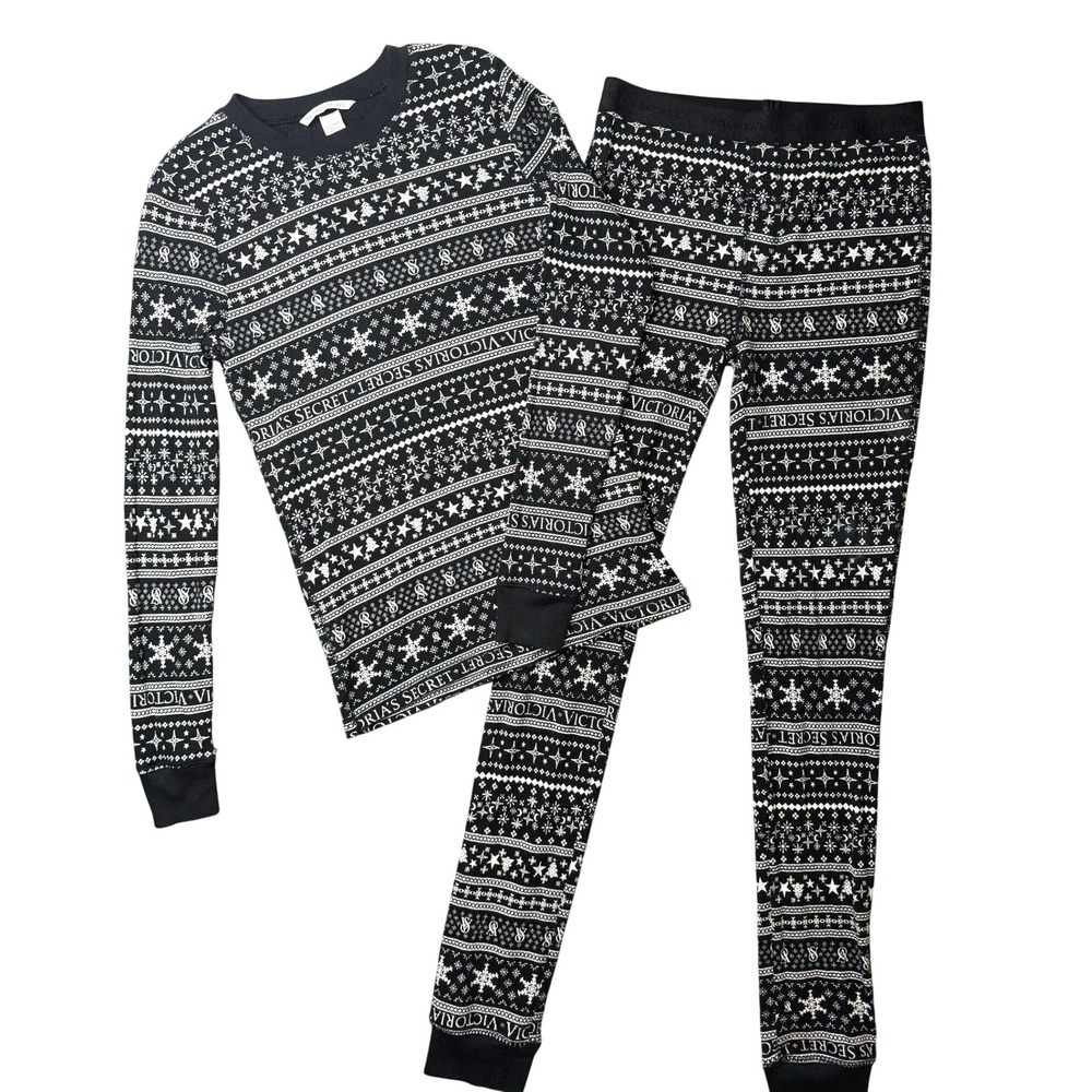 Victoria's Secret Black White Fair Isle Waffle Pajama Legging Set XS EUC